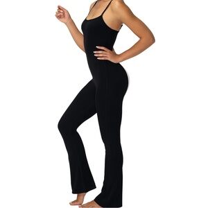 OQQ NWT Black Ribbed High Compression Flair Leg Adjustable Strap Jumpsuit